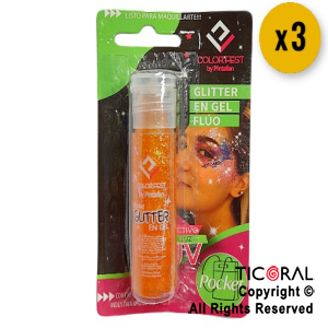 GLITTER EN GEL PELO ROSTRO CUERPO NARANJA FLUO 855-02 X 20 GR x 3